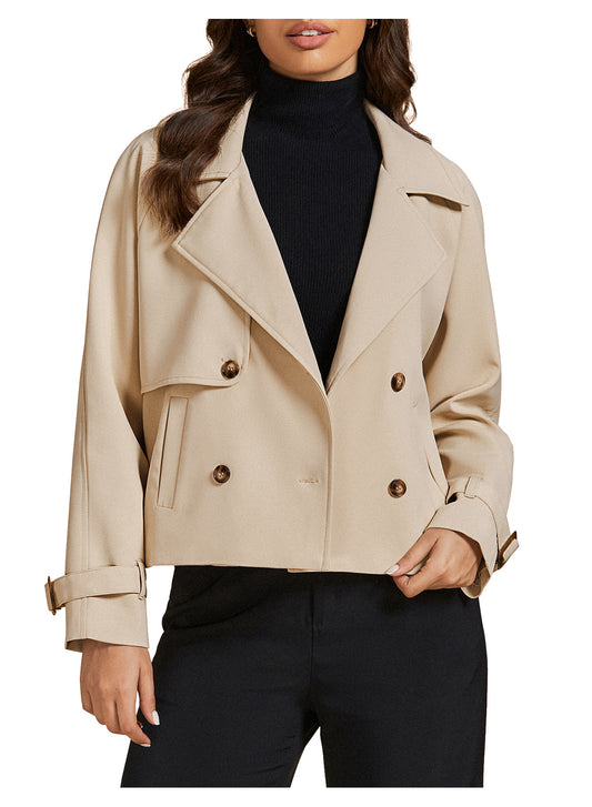 Heatique Chic Cropped Coat for Women Double Breasted Trendy Long Sleeve Notched Lapel Coats with Pockets