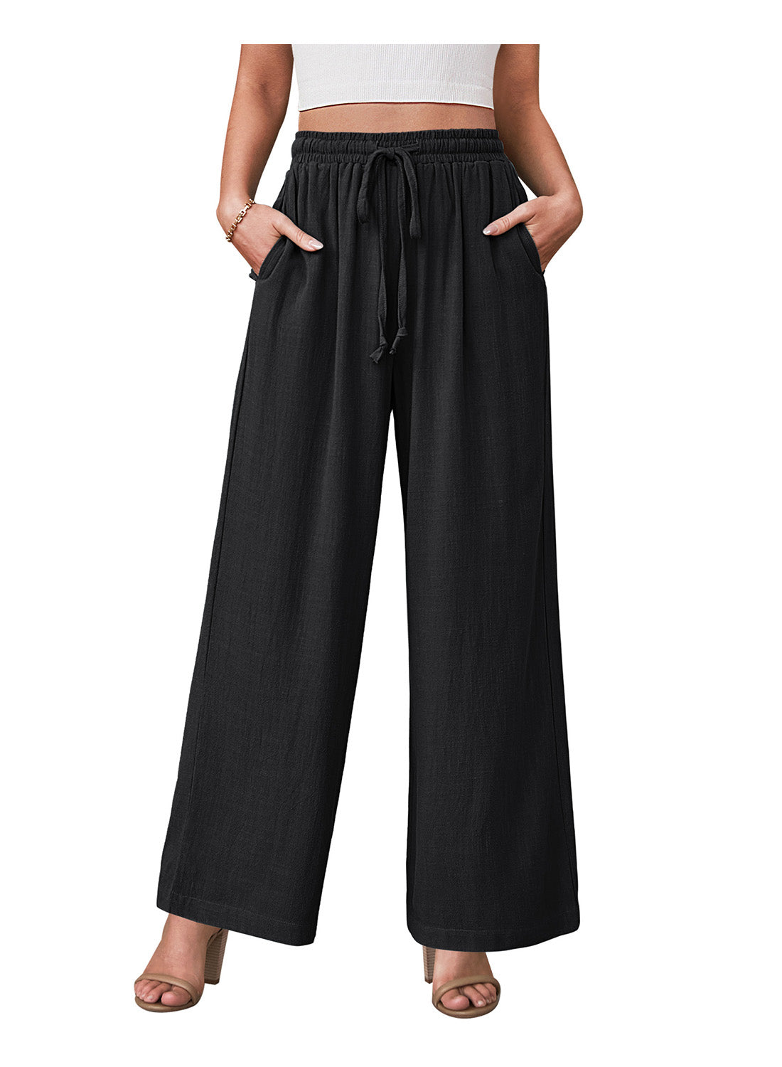 Heatique Women's Comfortable Linen Pants Loose Fit High Waisted Drawstring Palazzo Trousers for Summer