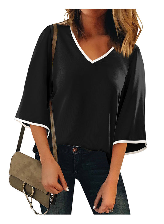 Heatique Women's Business Casual V Neck Blouses Flowy 3/4 Bell Sleeve Color Block Work Top