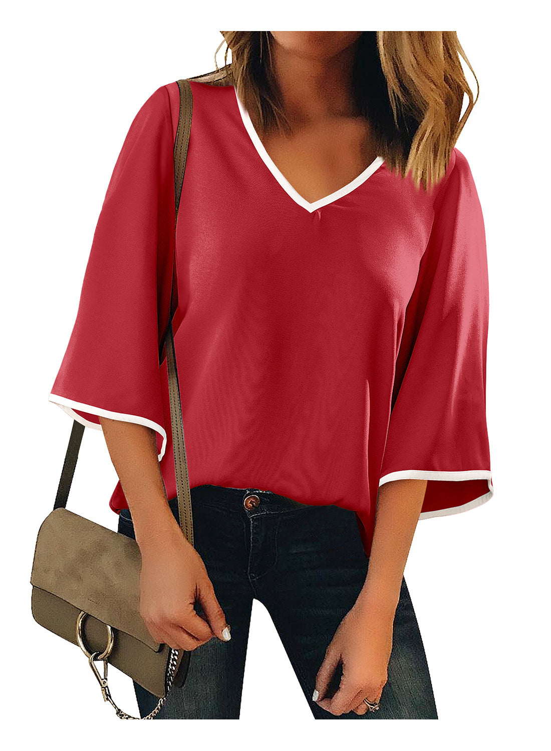 Heatique Women's Business Casual V Neck Blouses Flowy 3/4 Bell Sleeve Color Block Work Top