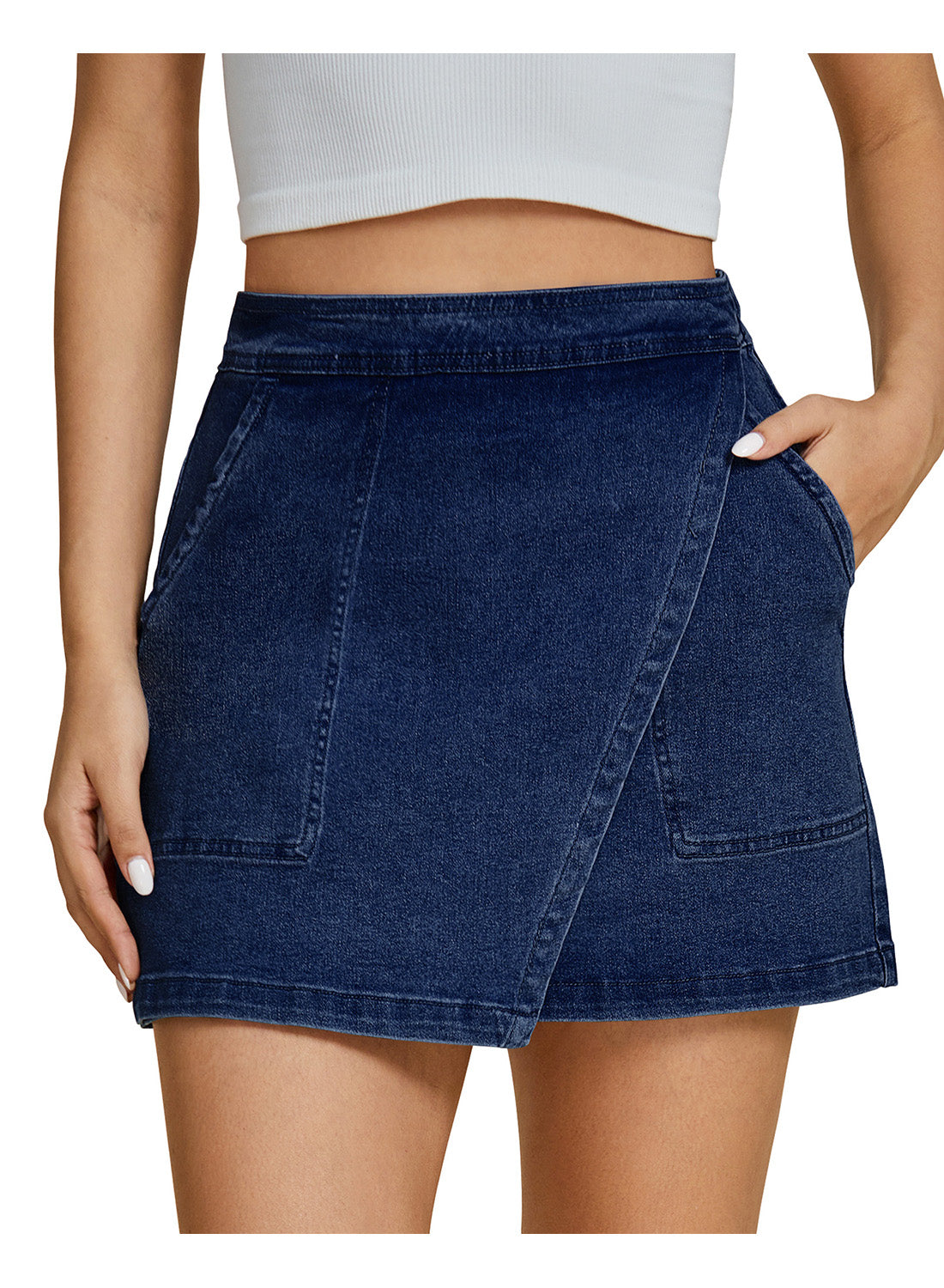 Heatique Women's Retro Stretchy High Waisted Asymmetrical Wrap Denim Mini Skirts with Pockets