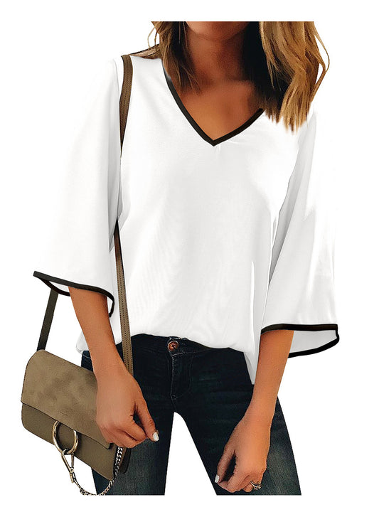 Heatique Women's Business Casual V Neck Blouses Flowy 3/4 Bell Sleeve Color Block Work Top