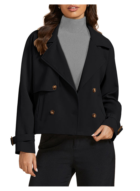 Heatique Chic Cropped Coat for Women Double Breasted Trendy  Long Sleeve Notched Lapel Coats with Pockets