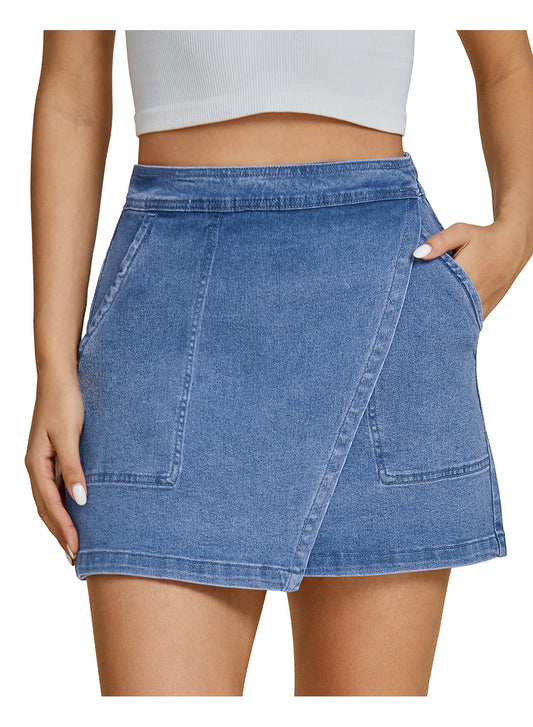 Heatique Women's Retro Stretchy High Waisted Asymmetrical Wrap Denim Mini Skirts with Pockets