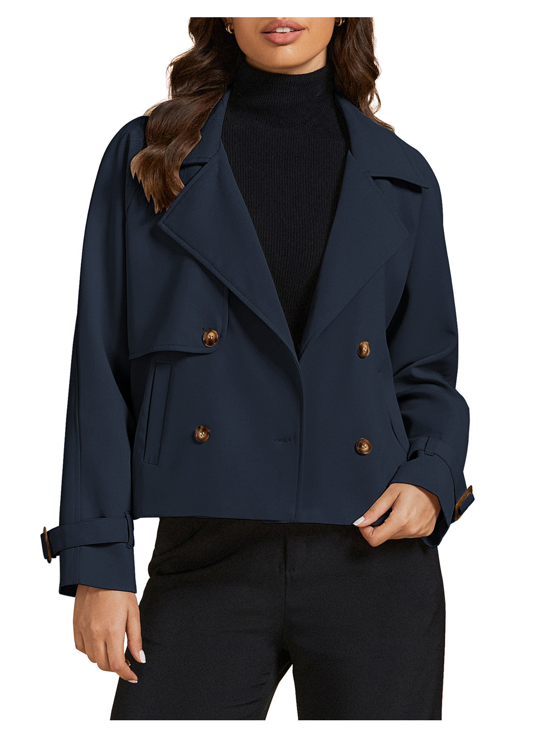 Heatique Chic Cropped Coat for Women Double Breasted Trendy  Long Sleeve Notched Lapel Coats with Pockets